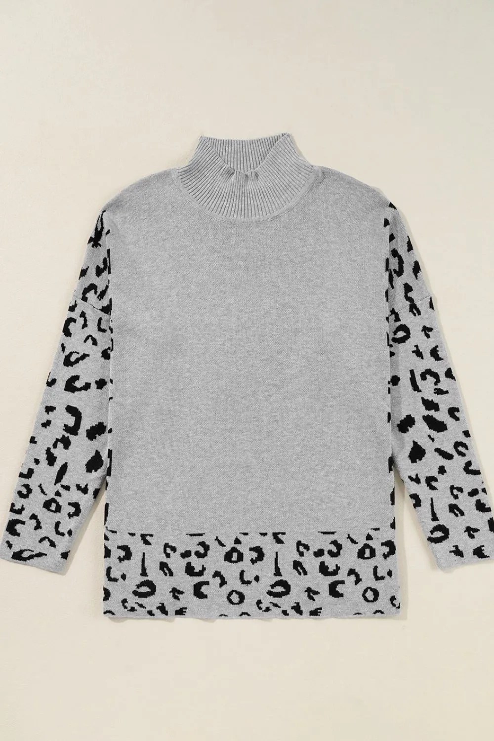 Slit Leopard Mock Neck Dropped Shoulder Sweater, image 10