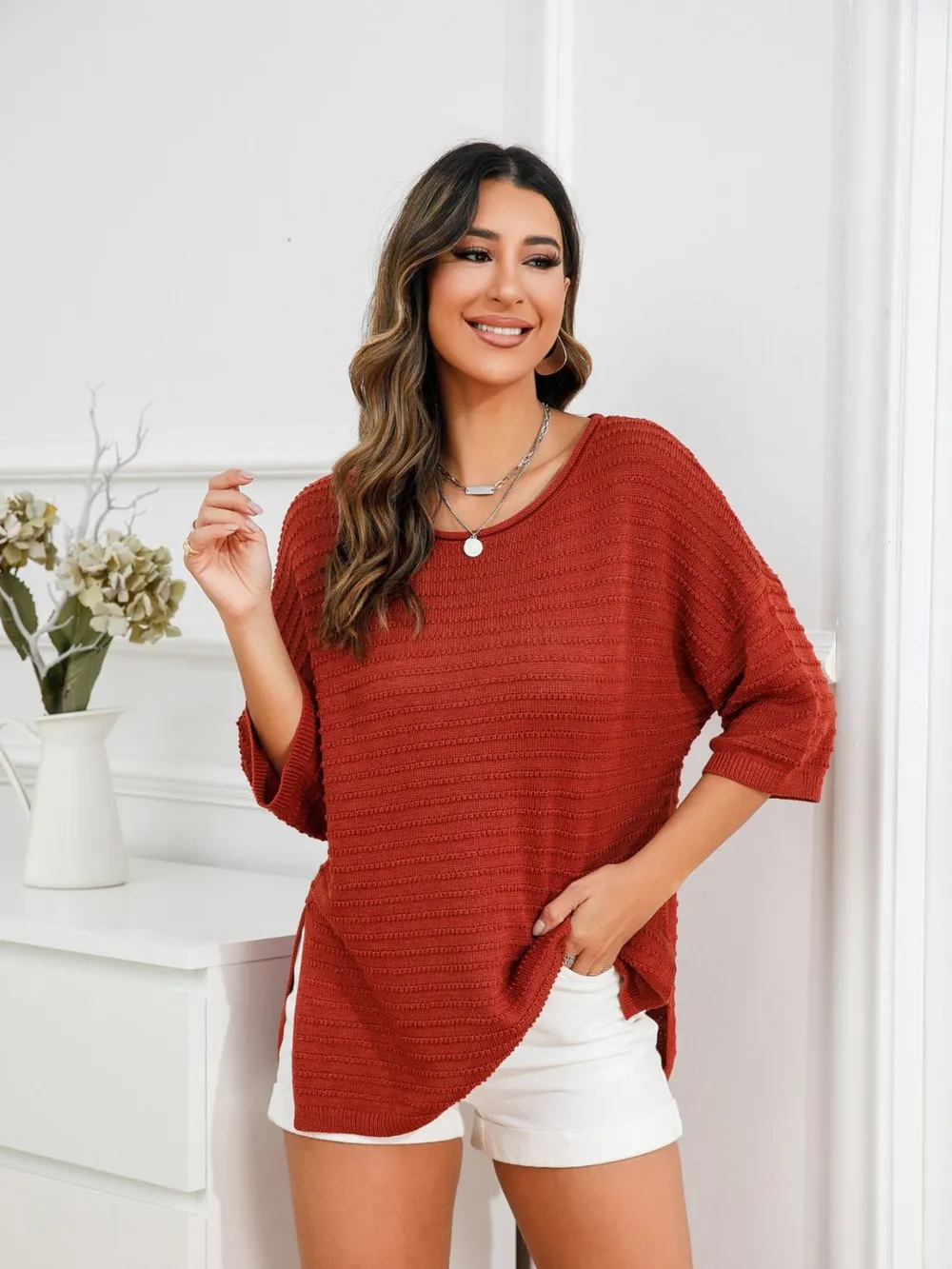 Rolled Round Neck Dropped Shoulder Slit Sweater, image 15