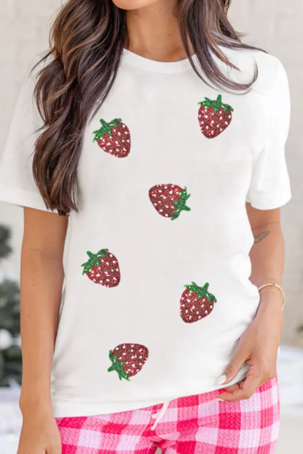 Sequin Strawberry Crew Neck Short Sleeve T Shirt, image 5
