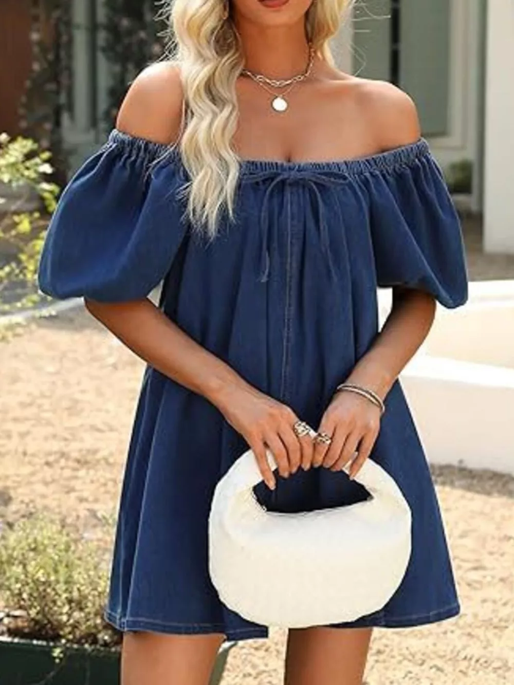 Off-Shoulder Tie-Front Denim Dress, image 5