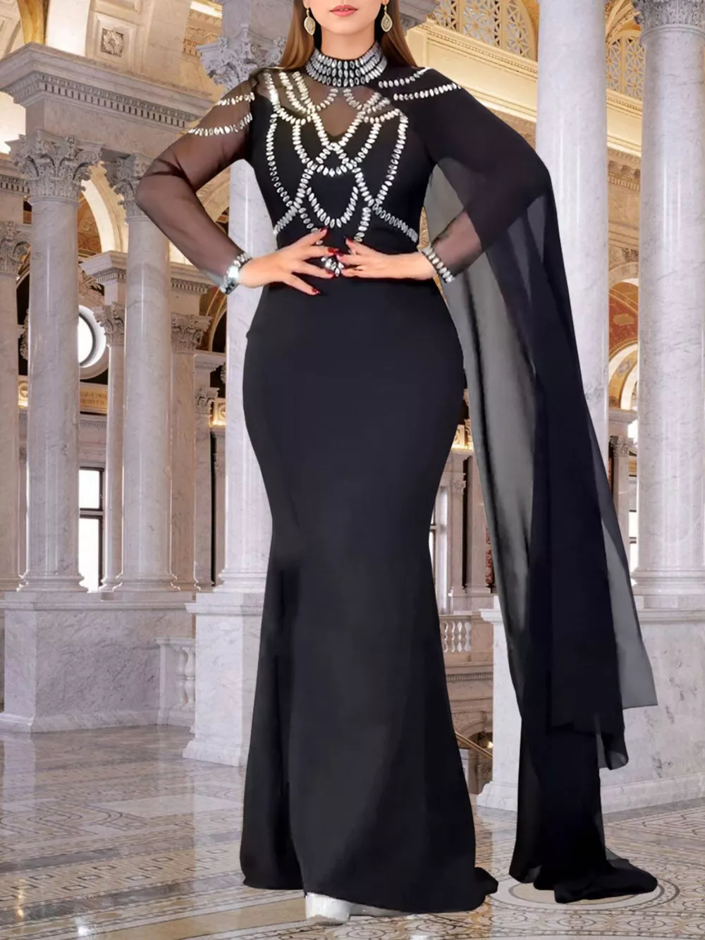 Rhinestone Slit Maxi Dress with Sheer Cape Sleeves, image 2