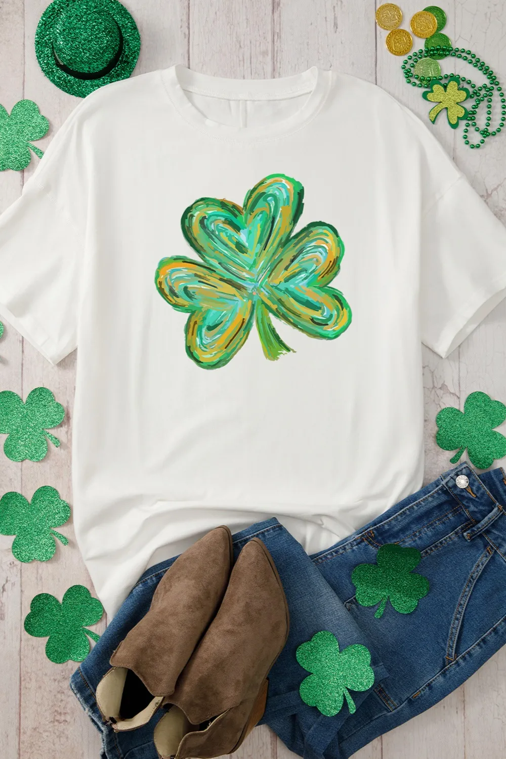 Lucky Clover Round Neck Short Sleeve T-Shirt, image 3