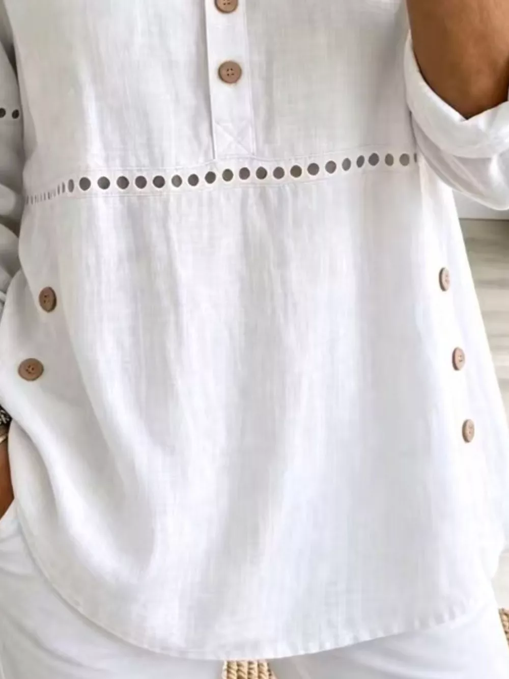 Full Size Button Detail Eyelet Long Sleeve Blouse Plus Size, image 4