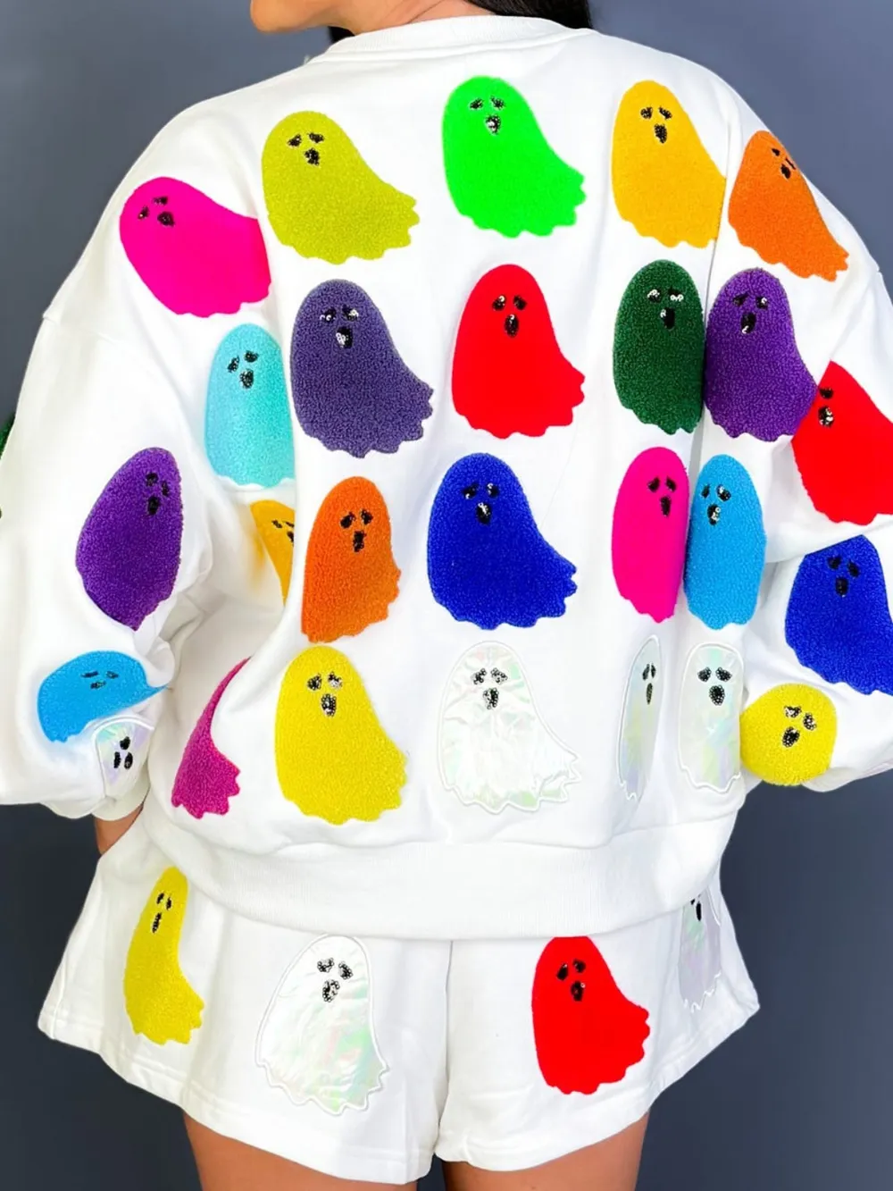 Ghost Printed Round Neck Long Sleeve Top and Shorts Set, image 3