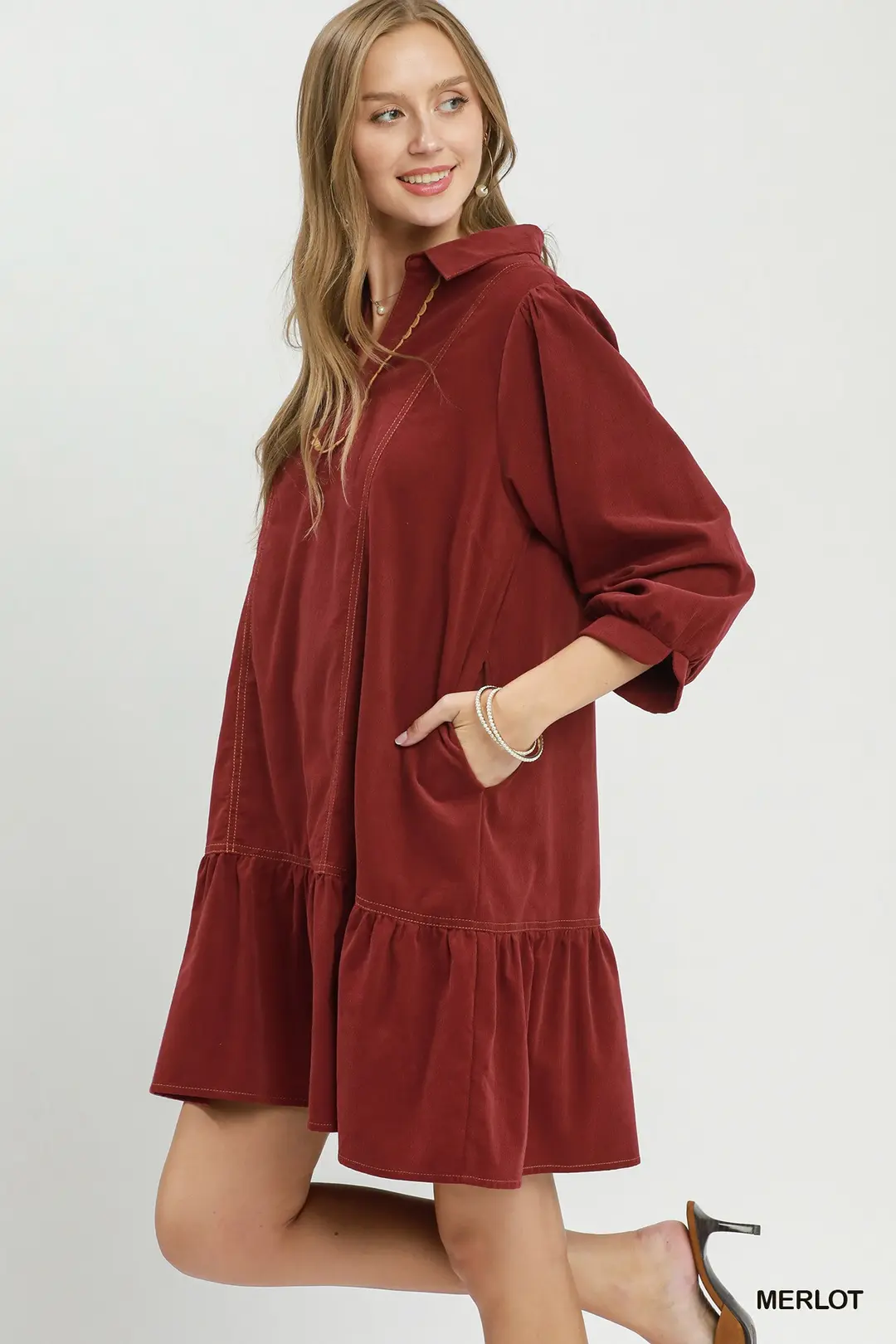 Corduroy Contrast Trim Tiered Babydoll Dress, image 2