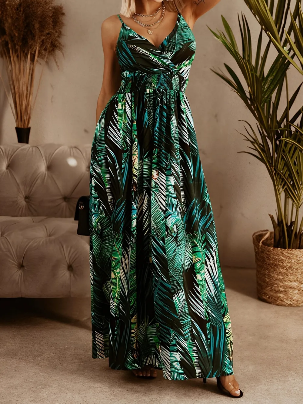 Smocked Printed Surplice Maxi Cami Dress, image 5