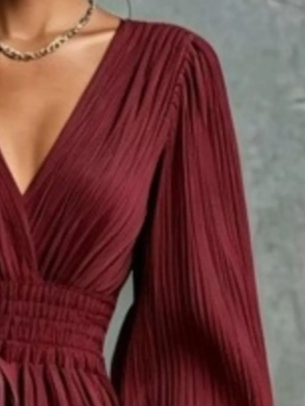 Elegant Pleated V-Neck Maxi Dress with Lantern Sleeves and Tie-Waist, image 10