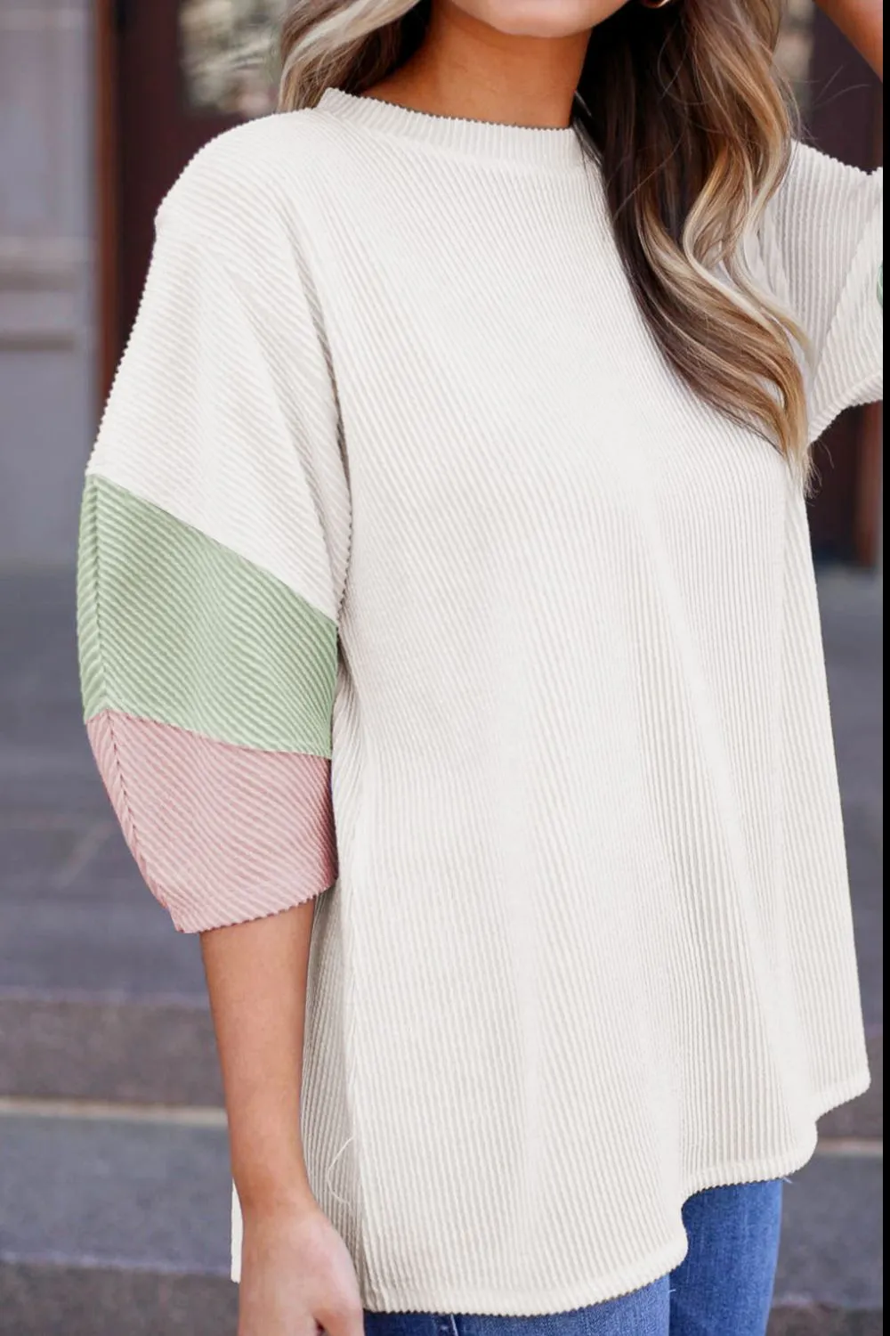 Color Block Ribbed Knit Three-Quarter Sleeve Top, image 6