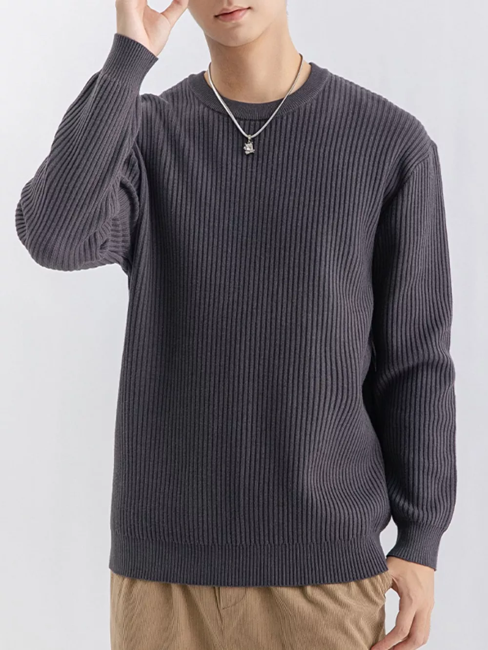 Men's Plus Size Ribbed Knit Crew Neck Sweater, image 10
