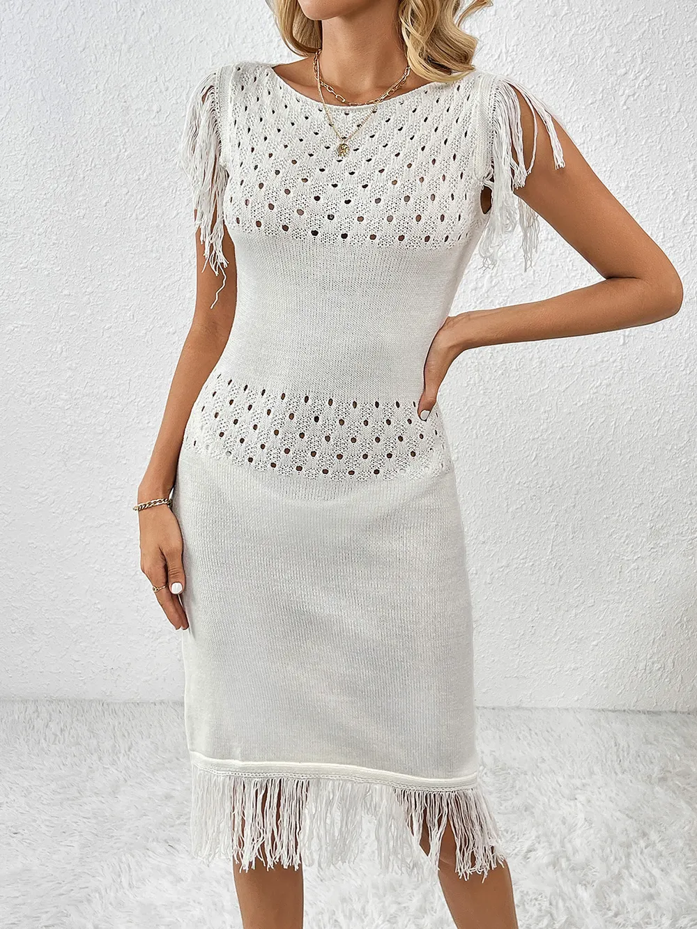 Fringe Openwork Boat Neck Knit Dress, image 14