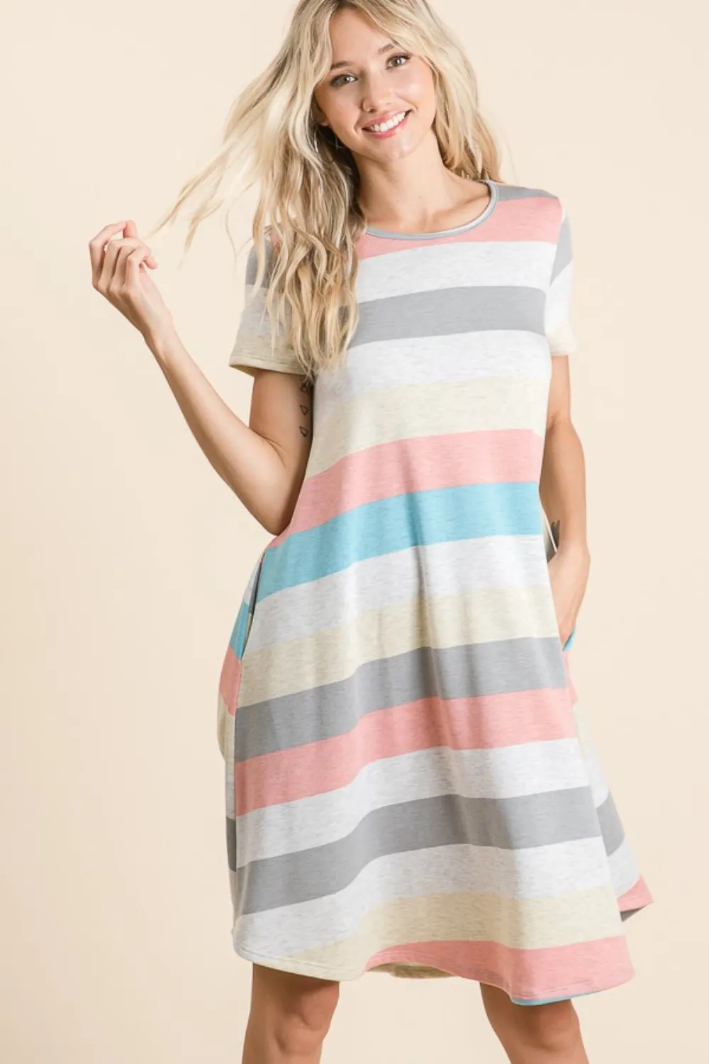 Striped Short Sleeve Dress with Pockets, image 2