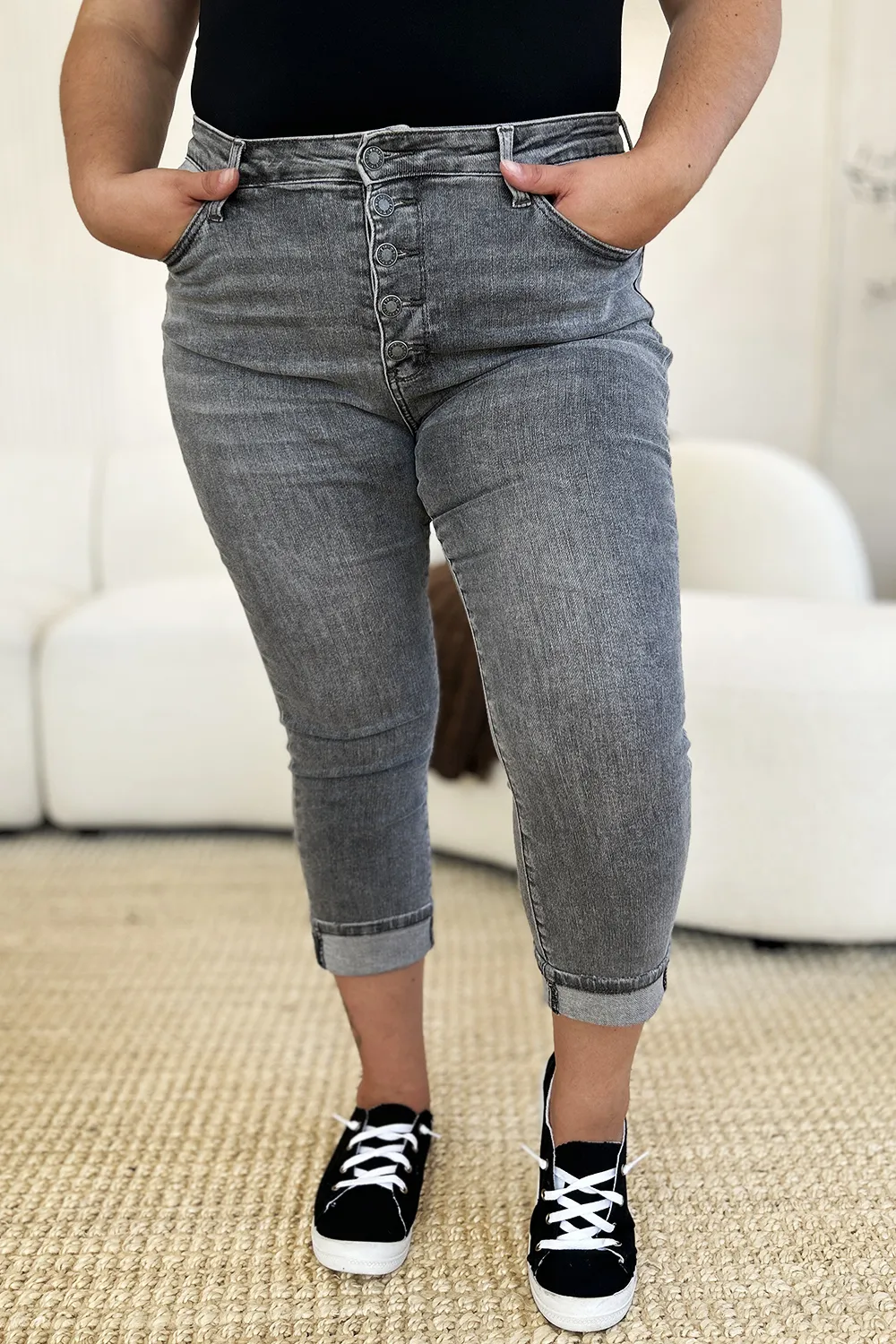 Full Size Button Fly High Waist Cuffed Capris, image 13
