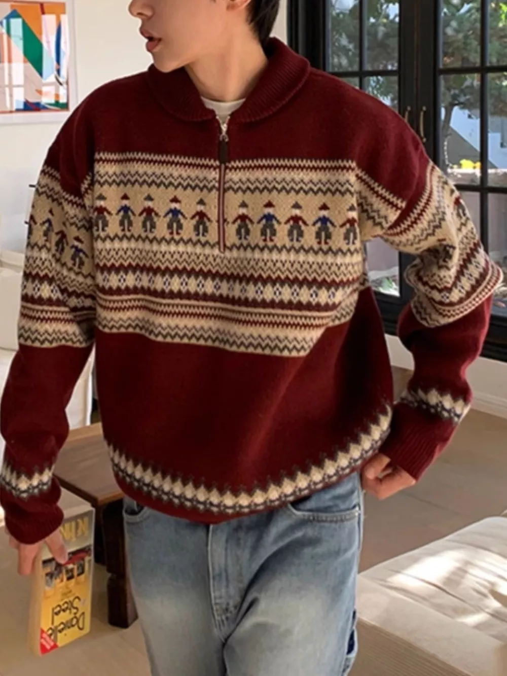 Men's Retro Pattern Zip Front Knitted Sweater, image 2