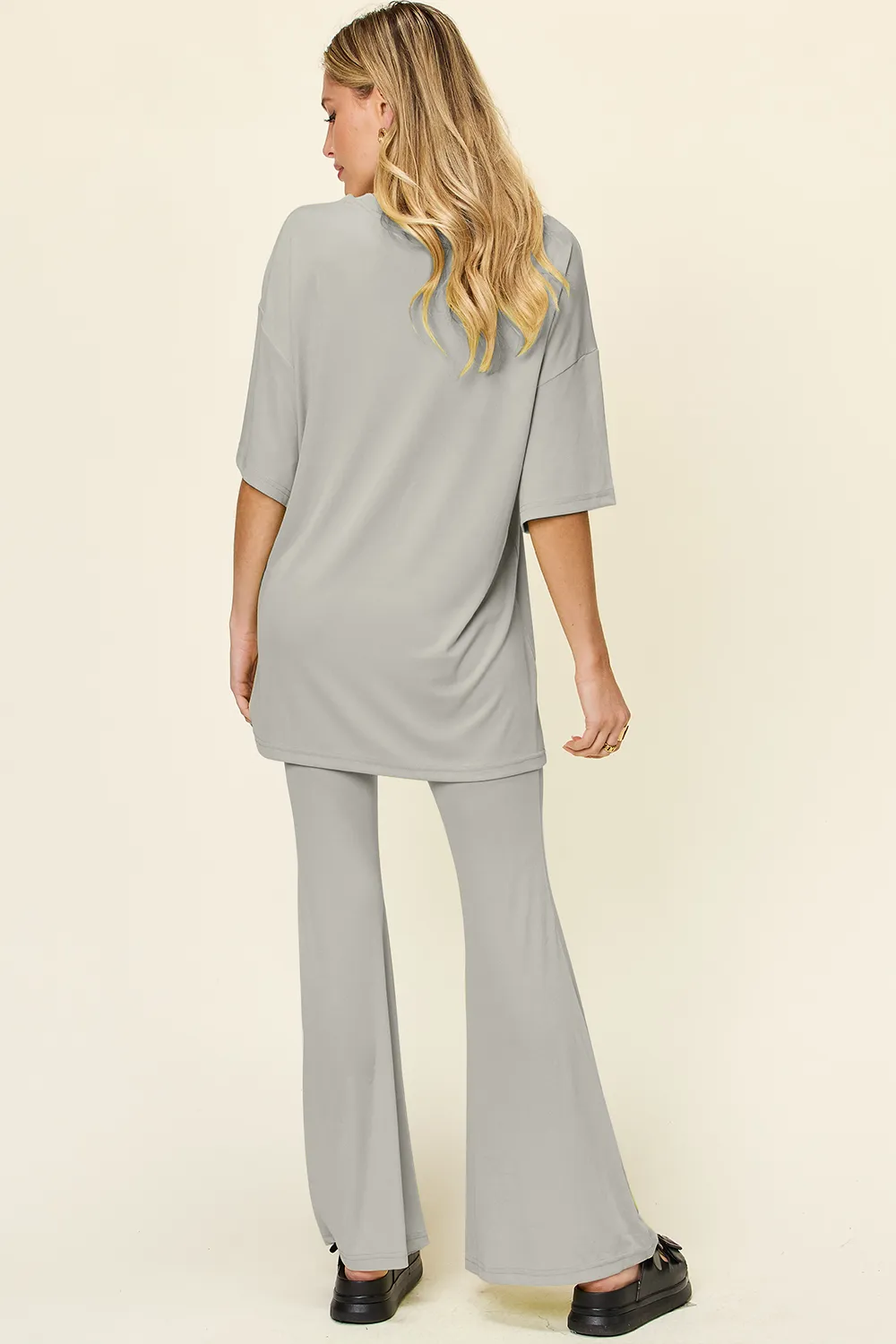 Full Size Round Neck Drop Shoulder T-Shirt and Flare Pants Set, image 10