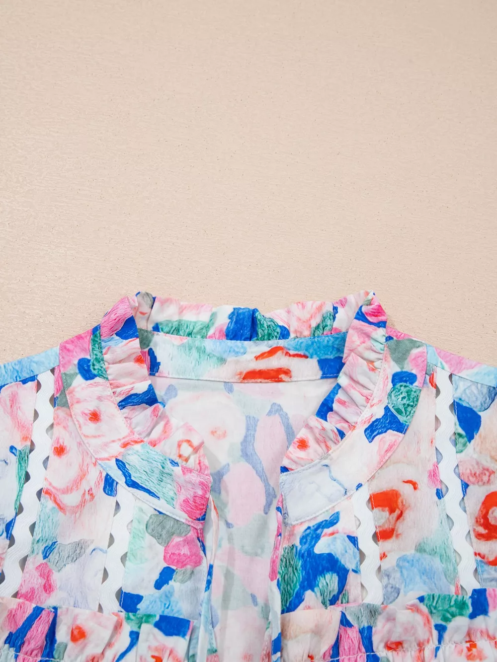 Floral Print Tie V Neck Contrast Detail Ruffle Short Sleeve Blouse, image 5