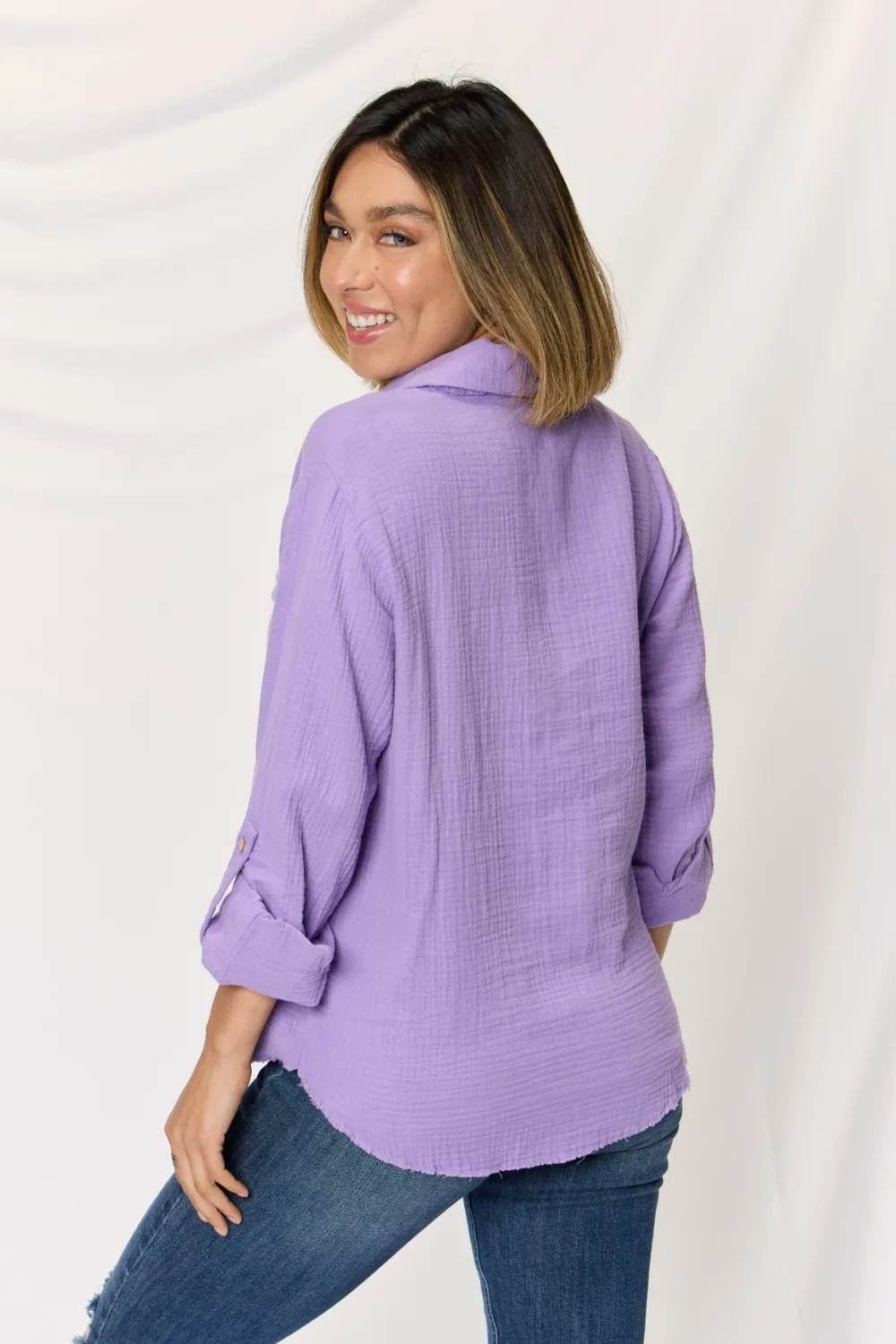 Texture Button Up Raw Hem Long Sleeve Shirt, image 2