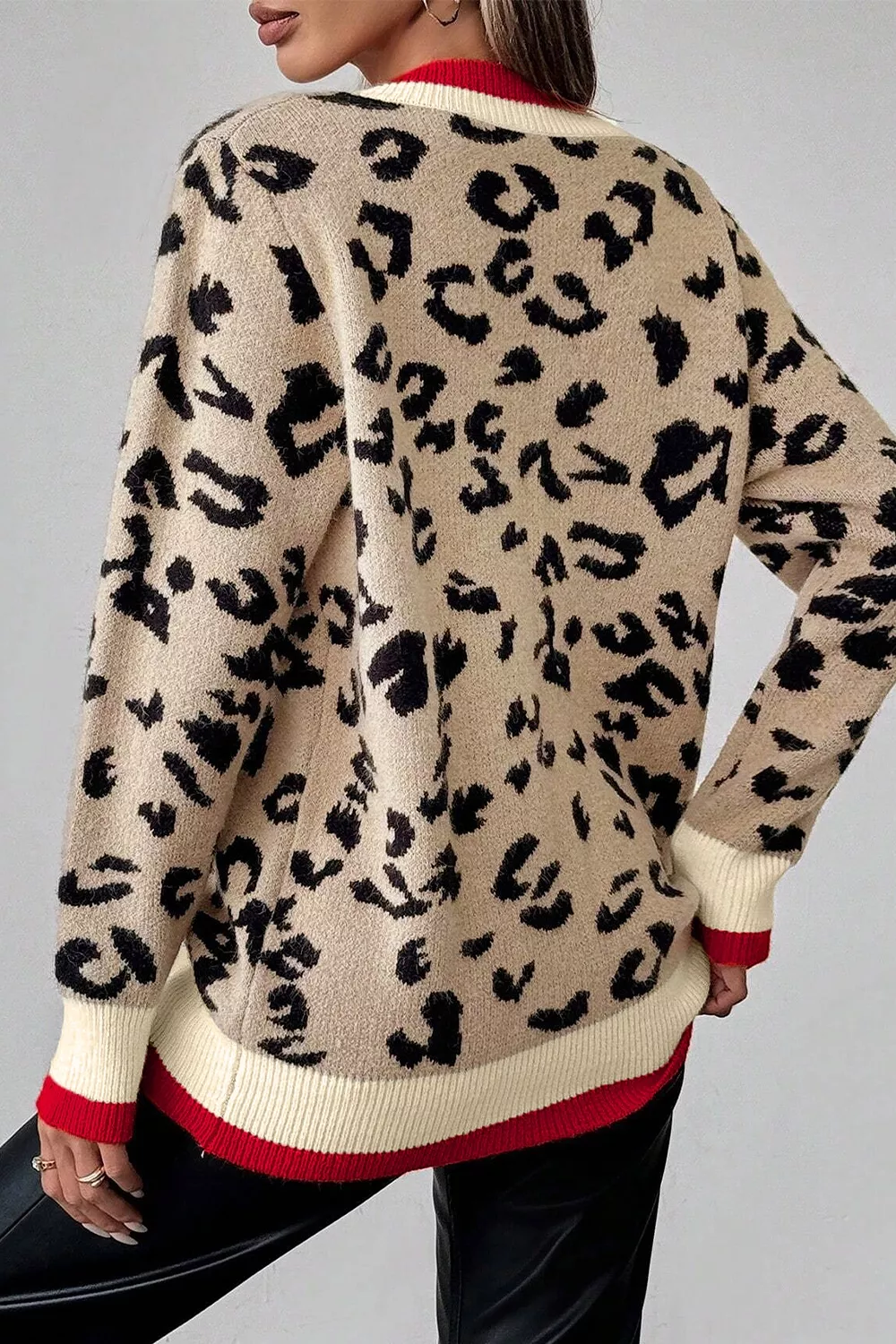 Leopard Pattern V-Neck Contrast Rib Knitted Sweater, image 2