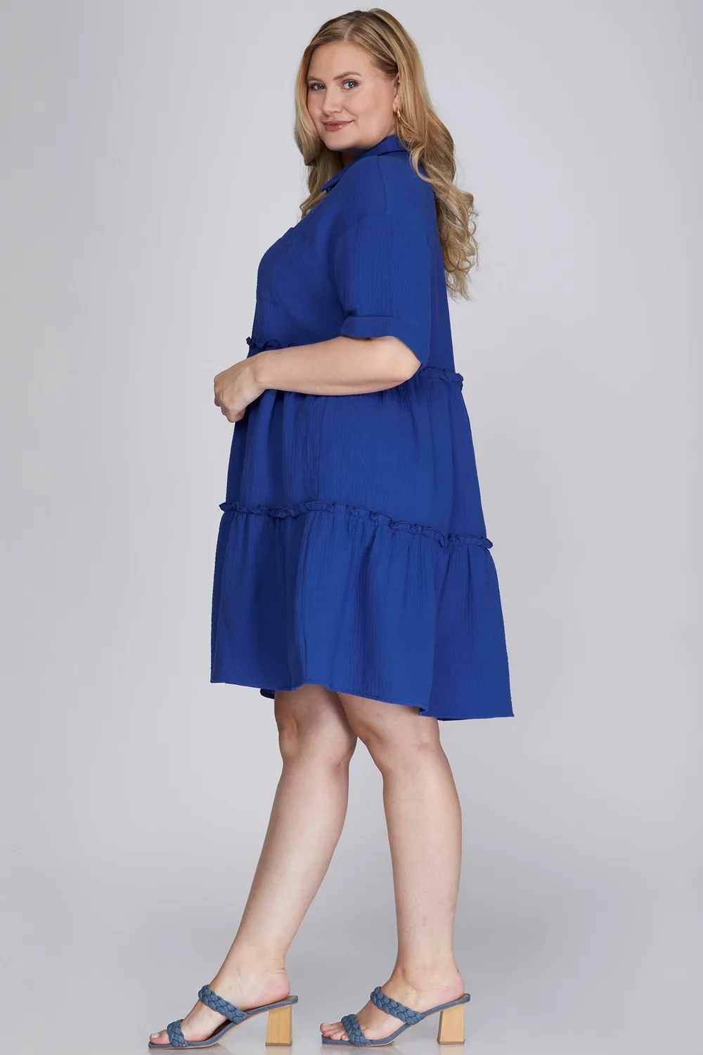 Full Size Button Front Frill Tiered Mini Dress Plus Size, image 3