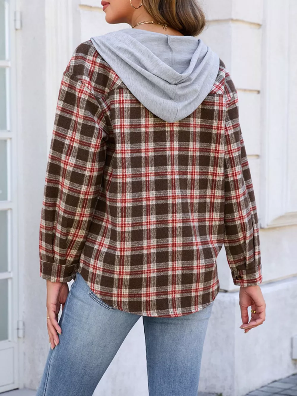 Hooded Plaid Button-Up Shacket, image 12