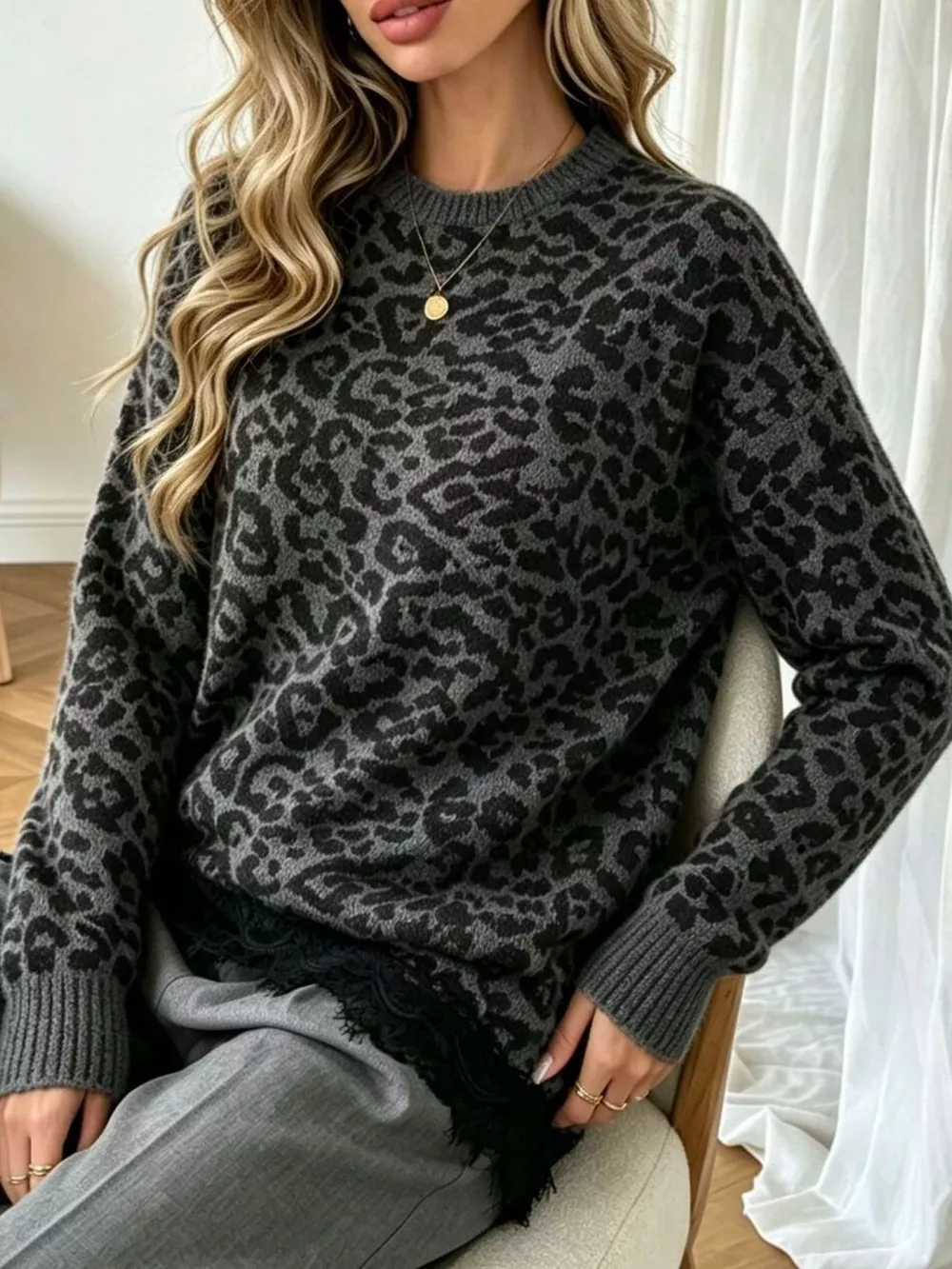 Round Neck Sweater with Asymmetric Lace Hem, image 7