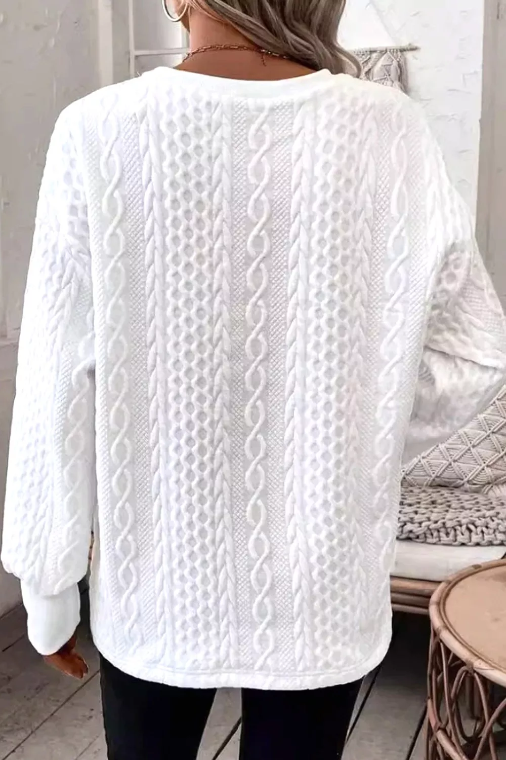 Solid Color Textured V Neck Drop Shoulder Knit Top, image 6
