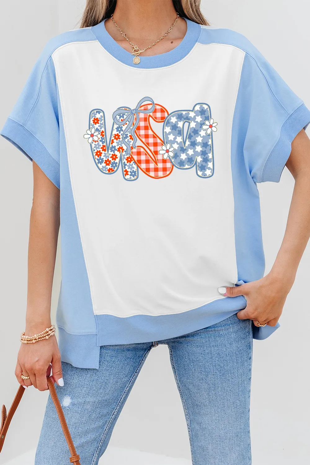 Star Plaid Flower USA Graphic Color Block Crewneck T Shirt, image 3
