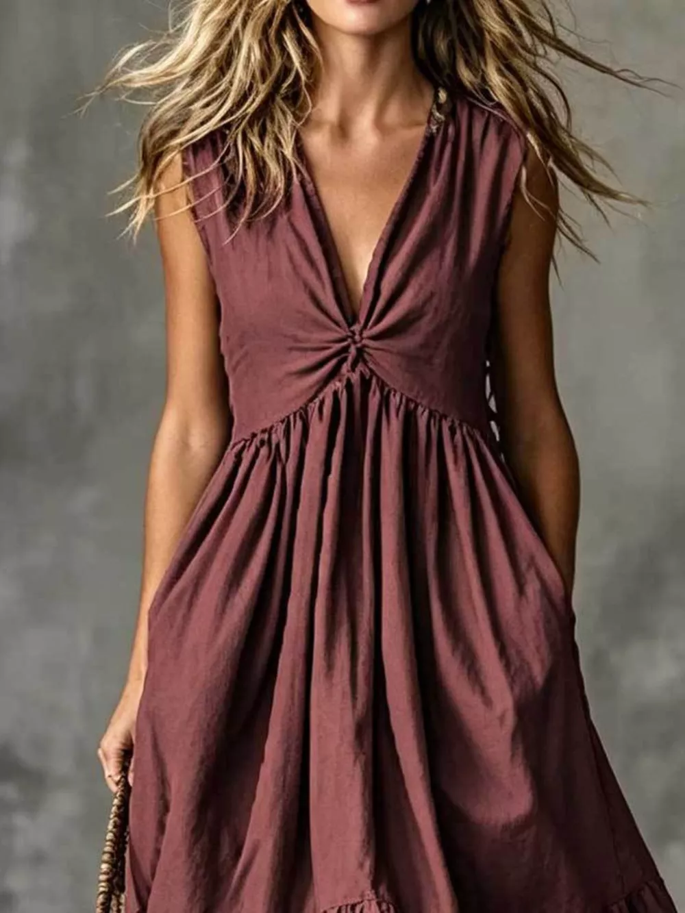 V-Neck Twisted Tiered Midi Dress, image 2