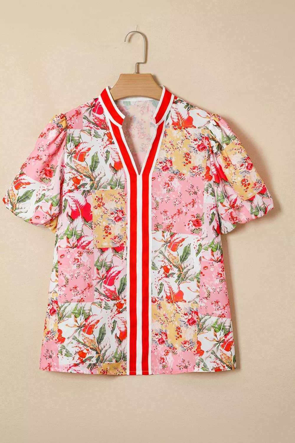 Contrast Collared V Neck Short Sleeve Floral Blouse, image 5