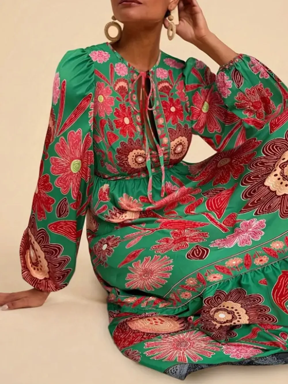 Floral Tie Waist Long Sleeve Dress, image 10