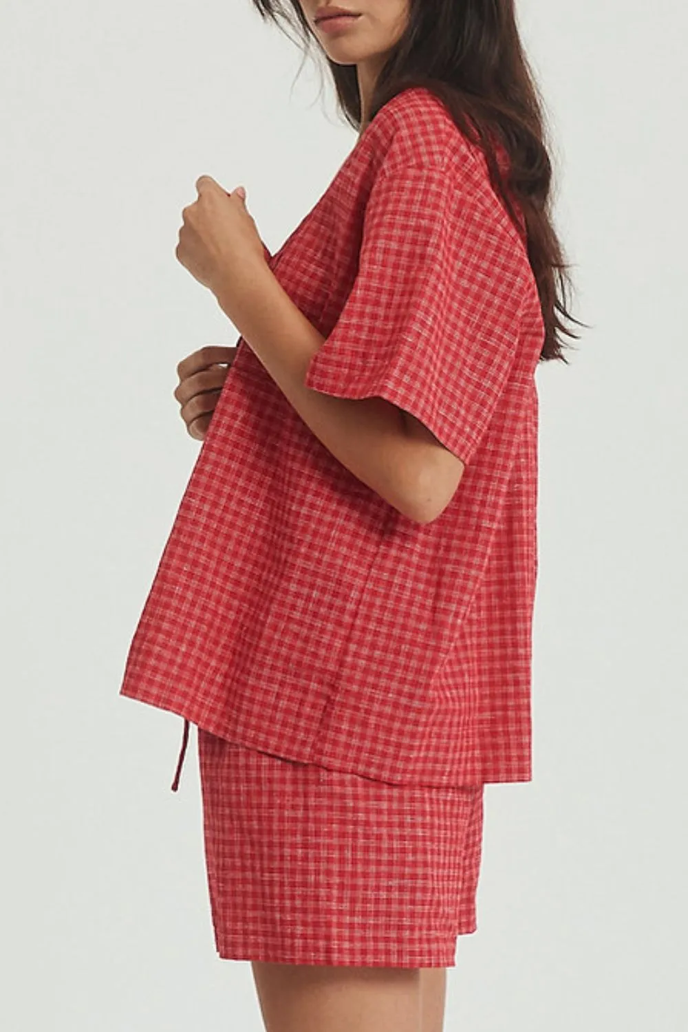 Plaid Tied Scoop Neck Short Sleeve Top and Drawstring Shorts Set, image 8