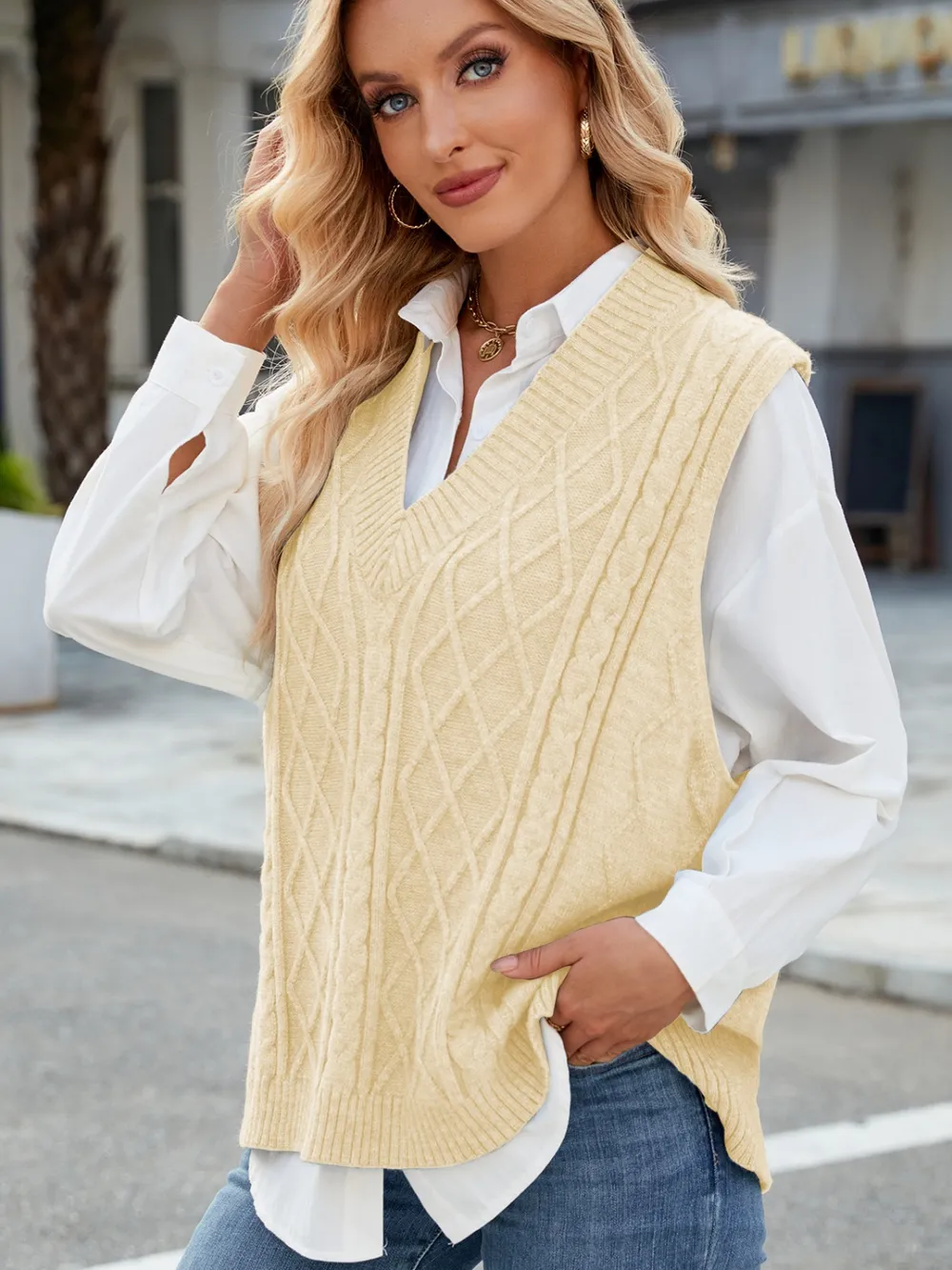 Cable Knit V-Neck Sweater Vest, image 7