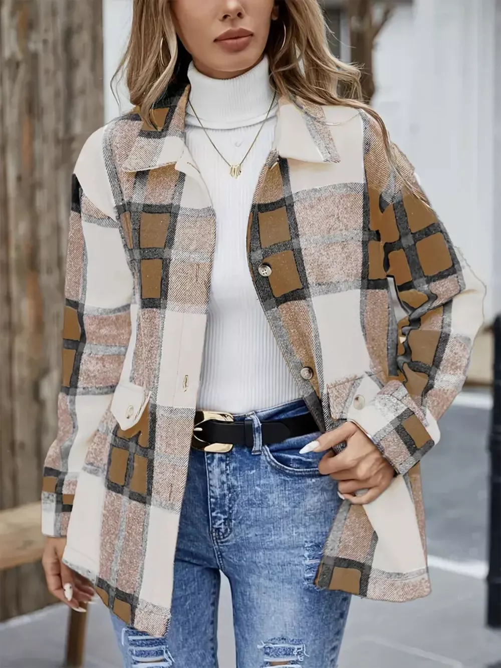 Plaid Button-Up Long Sleeve Shacket, image 7