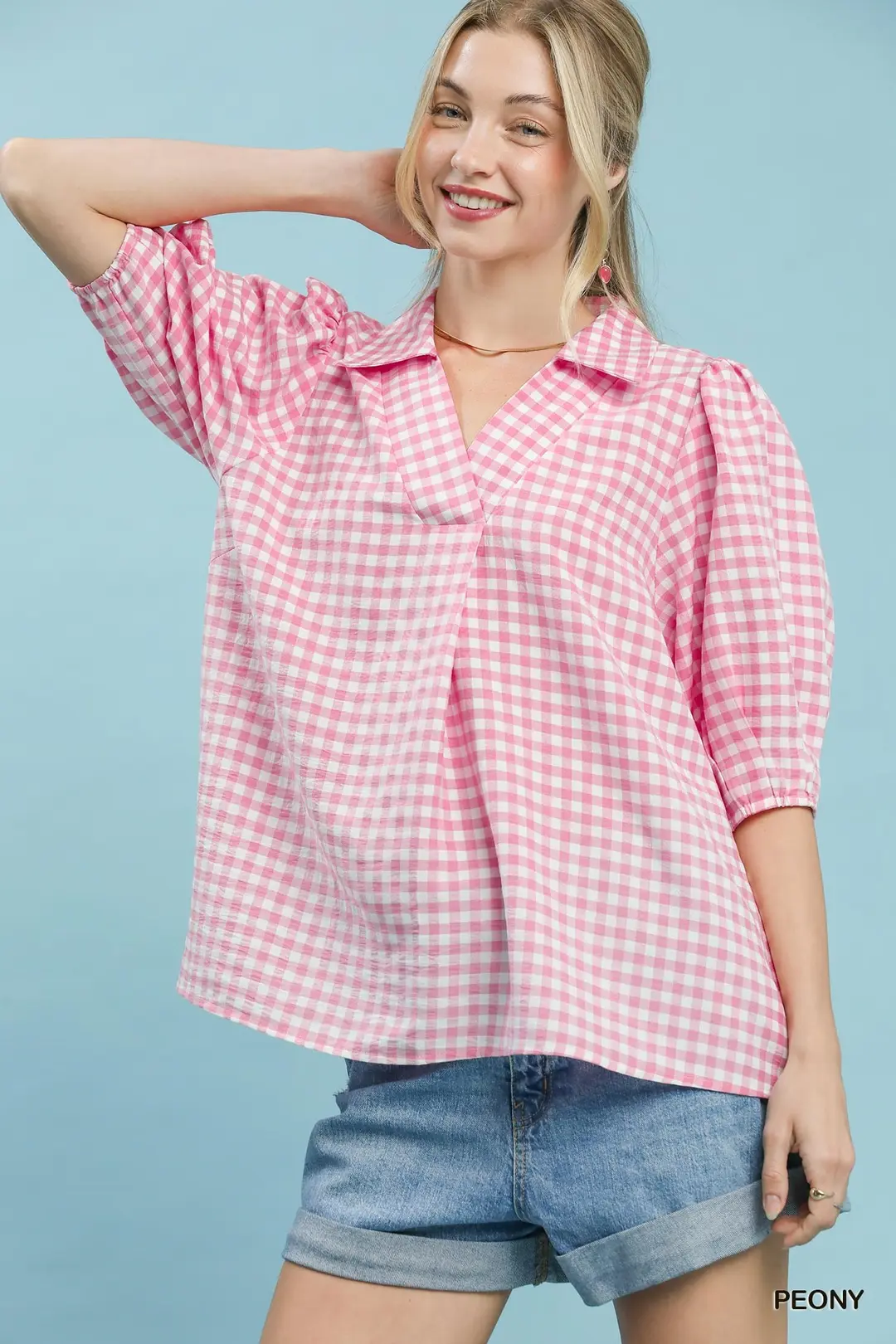 Gingham Puff Sleeve Collared Blouse