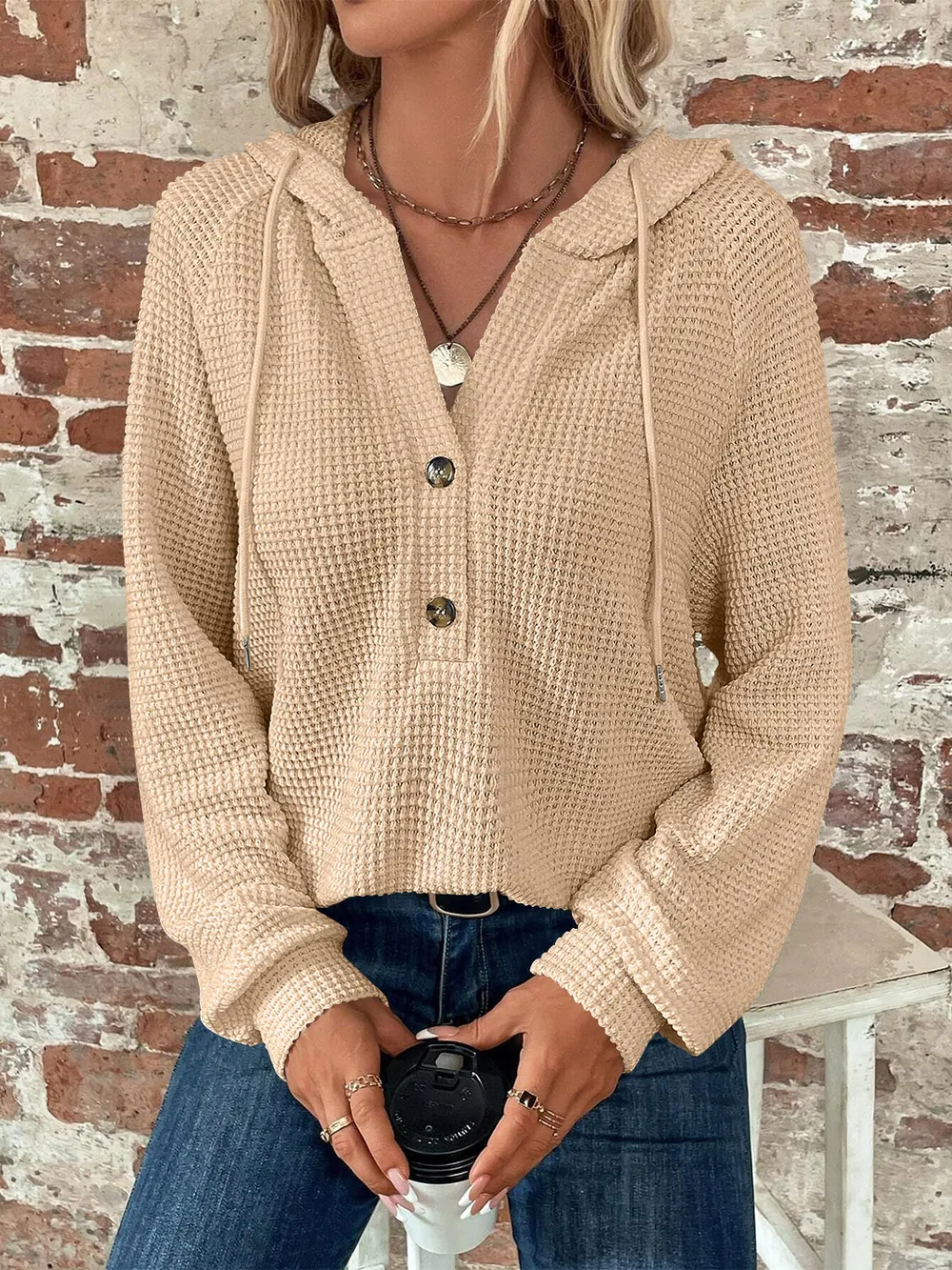 Waffle Knit Long Sleeve Drawstring Hooded Top, image 24