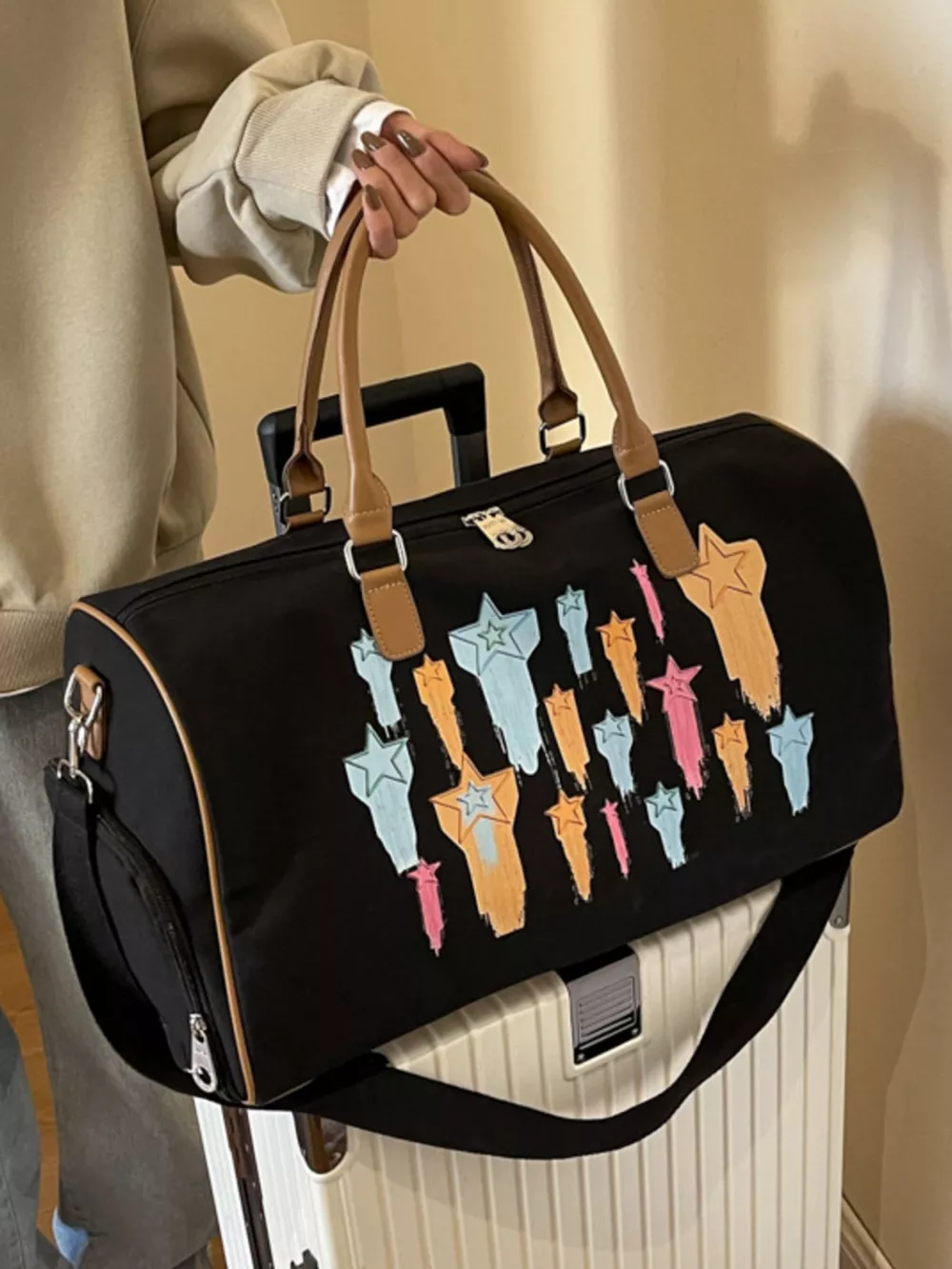 Canvas Duffle Bag with Shooting Star Print, image 9