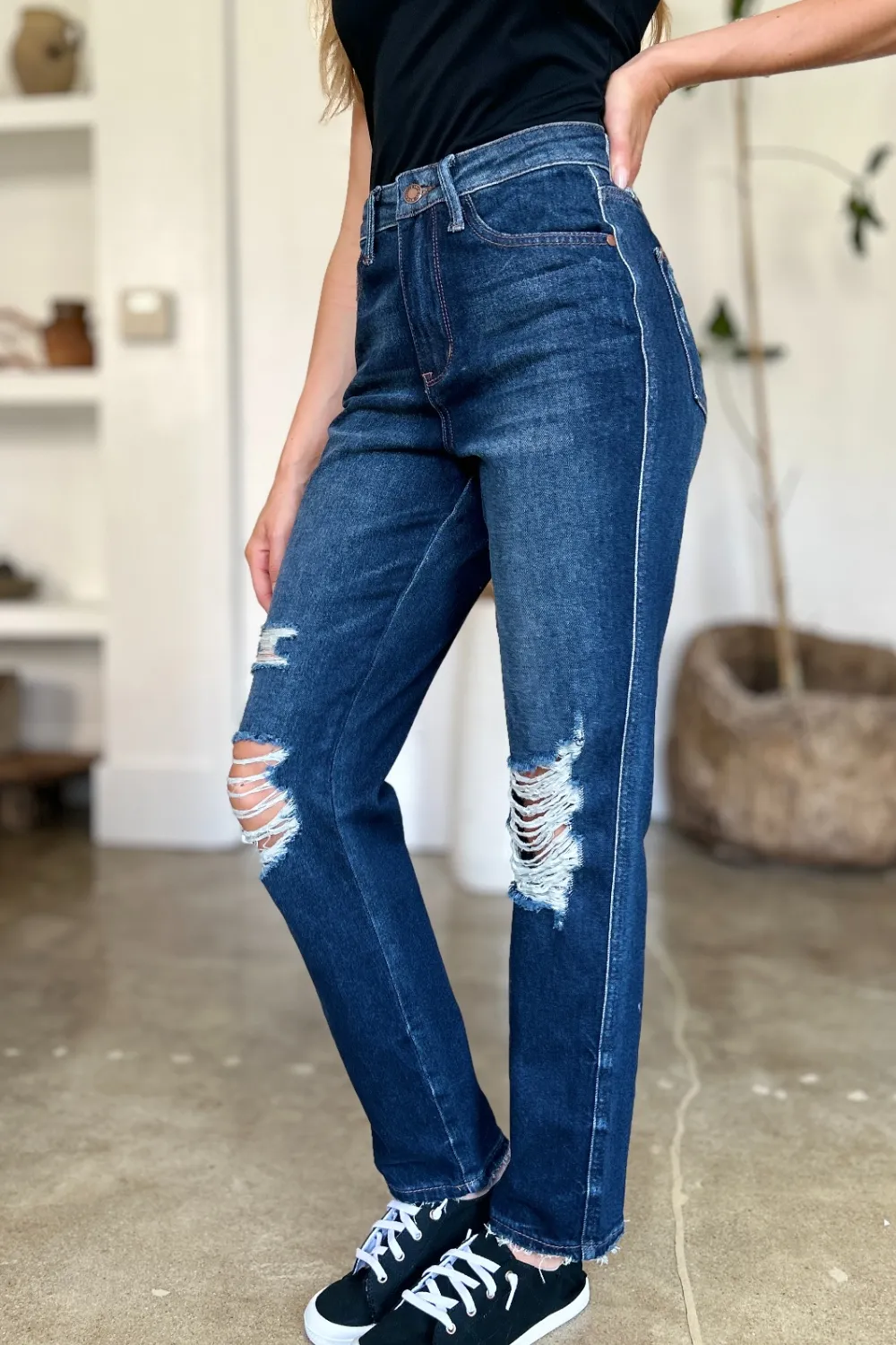 Full Size High Waist Rigid Magic Heavy Destroy Straight Jeans, image 8