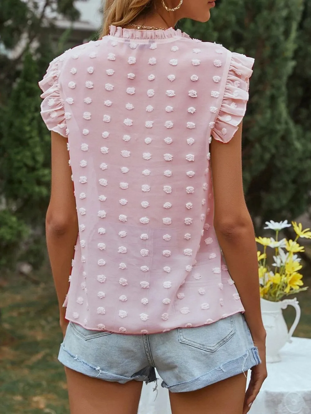Frill Tie Neck Cap Sleeve Blouse, image 6