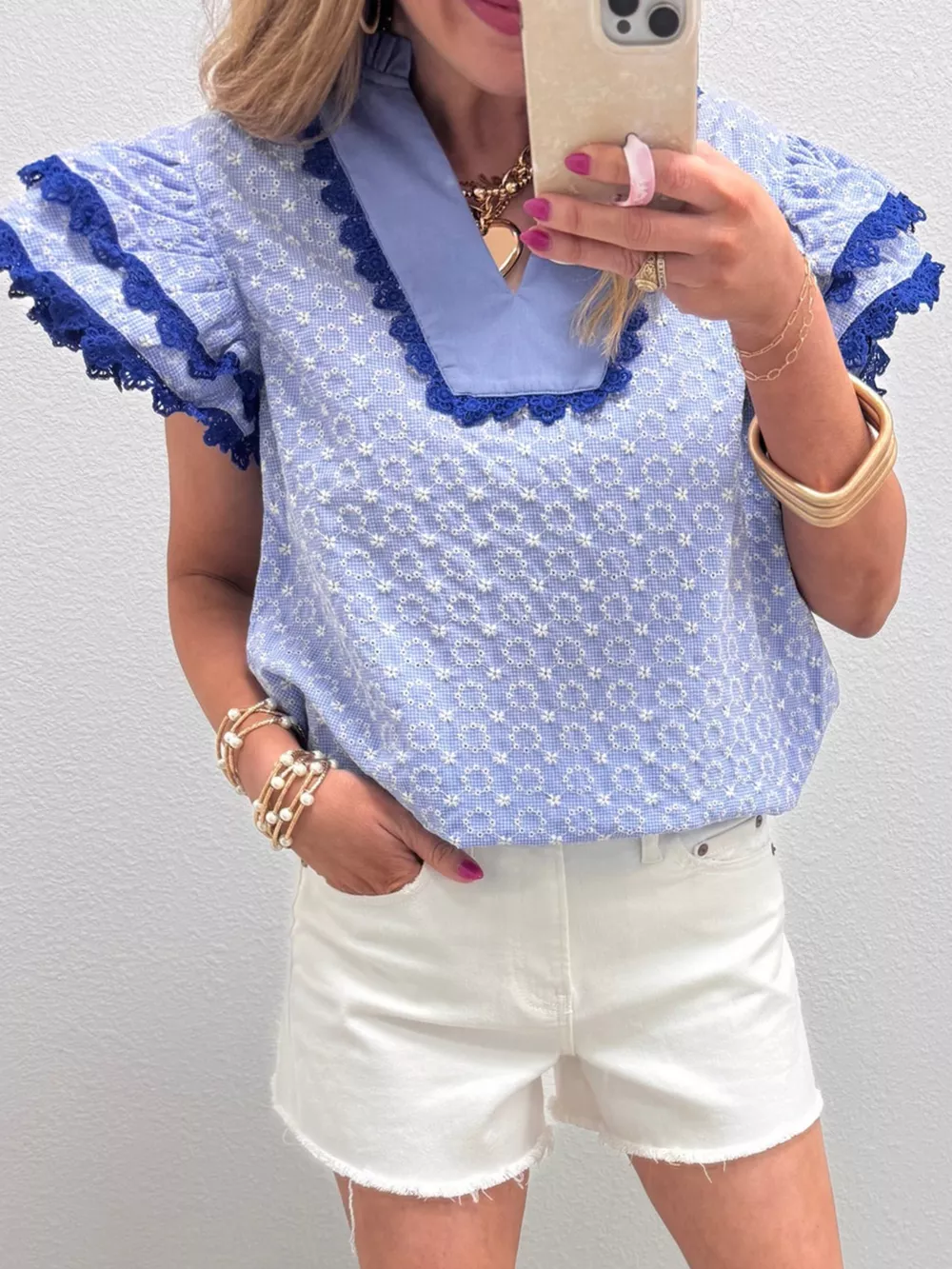 Eyelet Embroidered Flower Texture Contrast Lace Trim Flutter Sleeve Blouse
