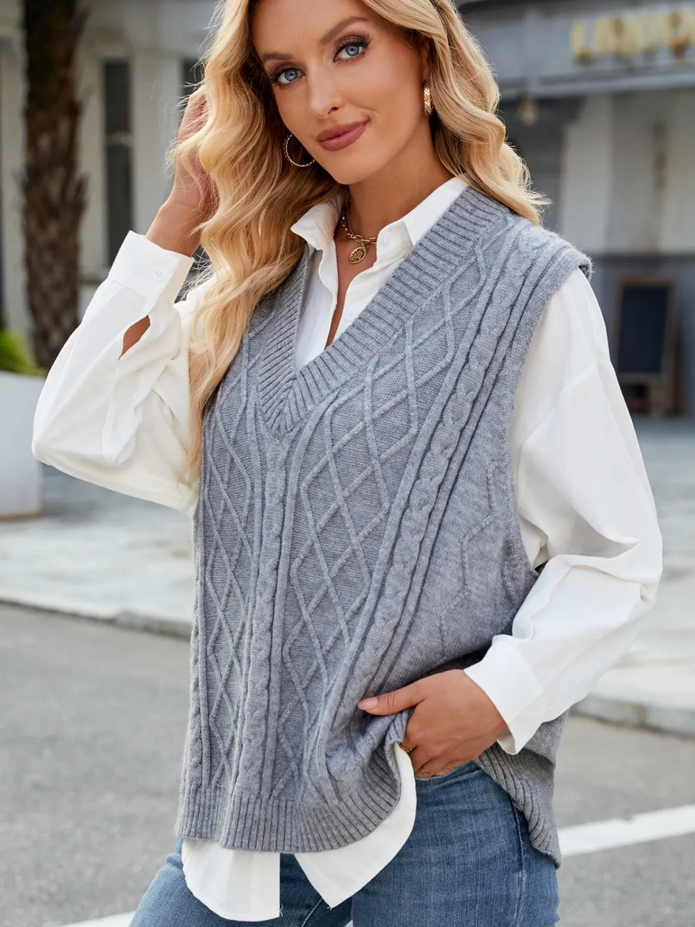 Cable Knit V-Neck Sweater Vest, image 8