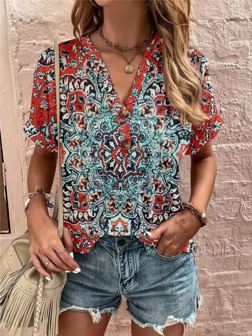 Full Size Printed Notched Short Sleeve Blouse, image 9