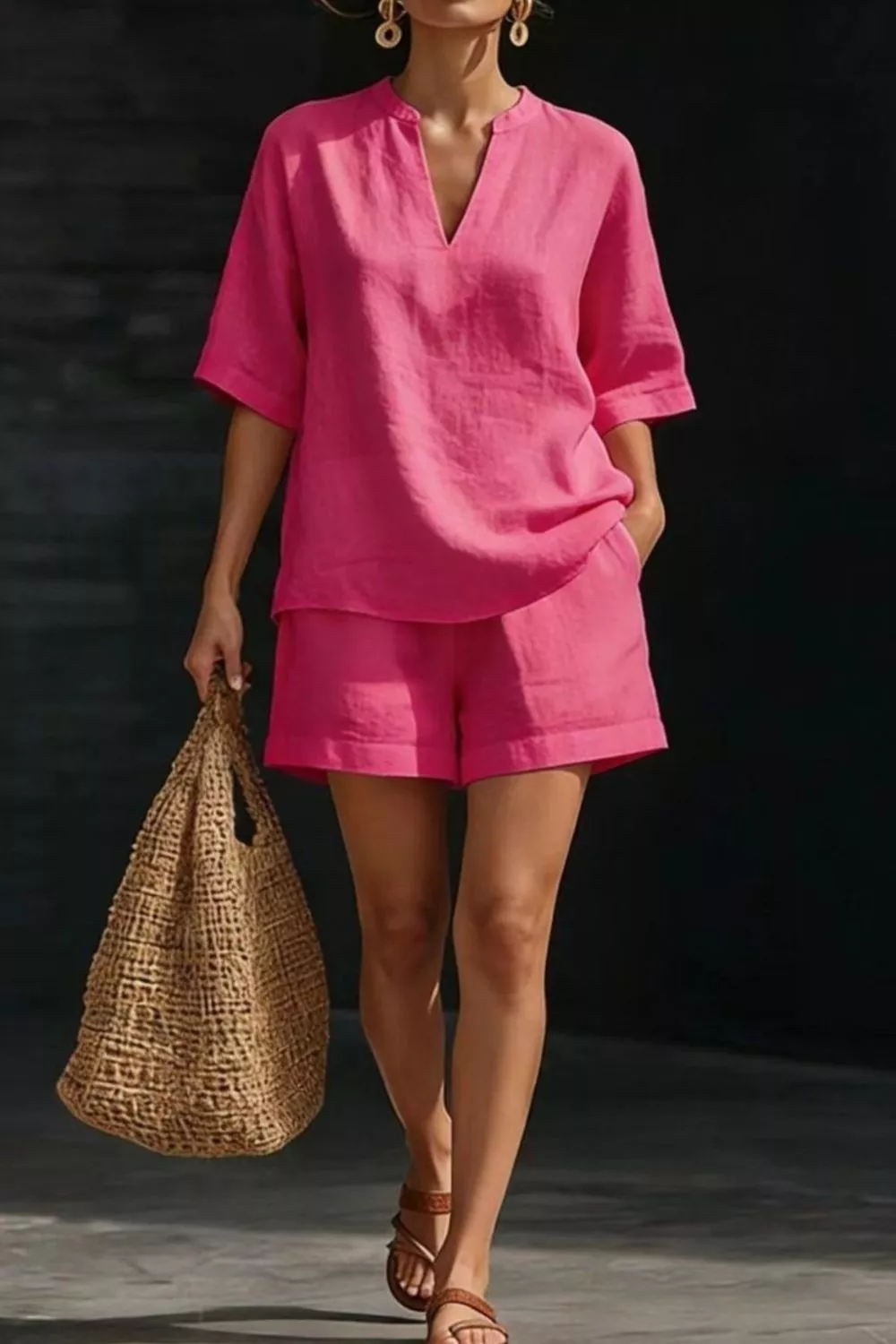 Notched Half Sleeve Top and Shorts Set, image 2