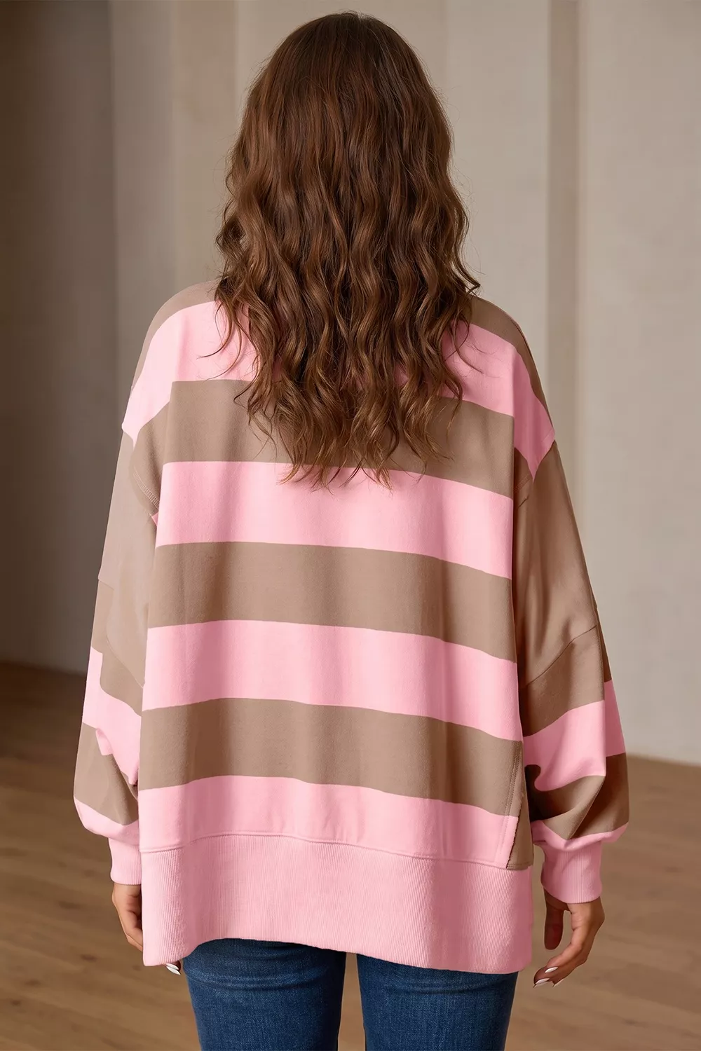 Striped Colorblock Patch Pocket Split Hem Oversized Long Sleeve Sweatshirt, image 3
