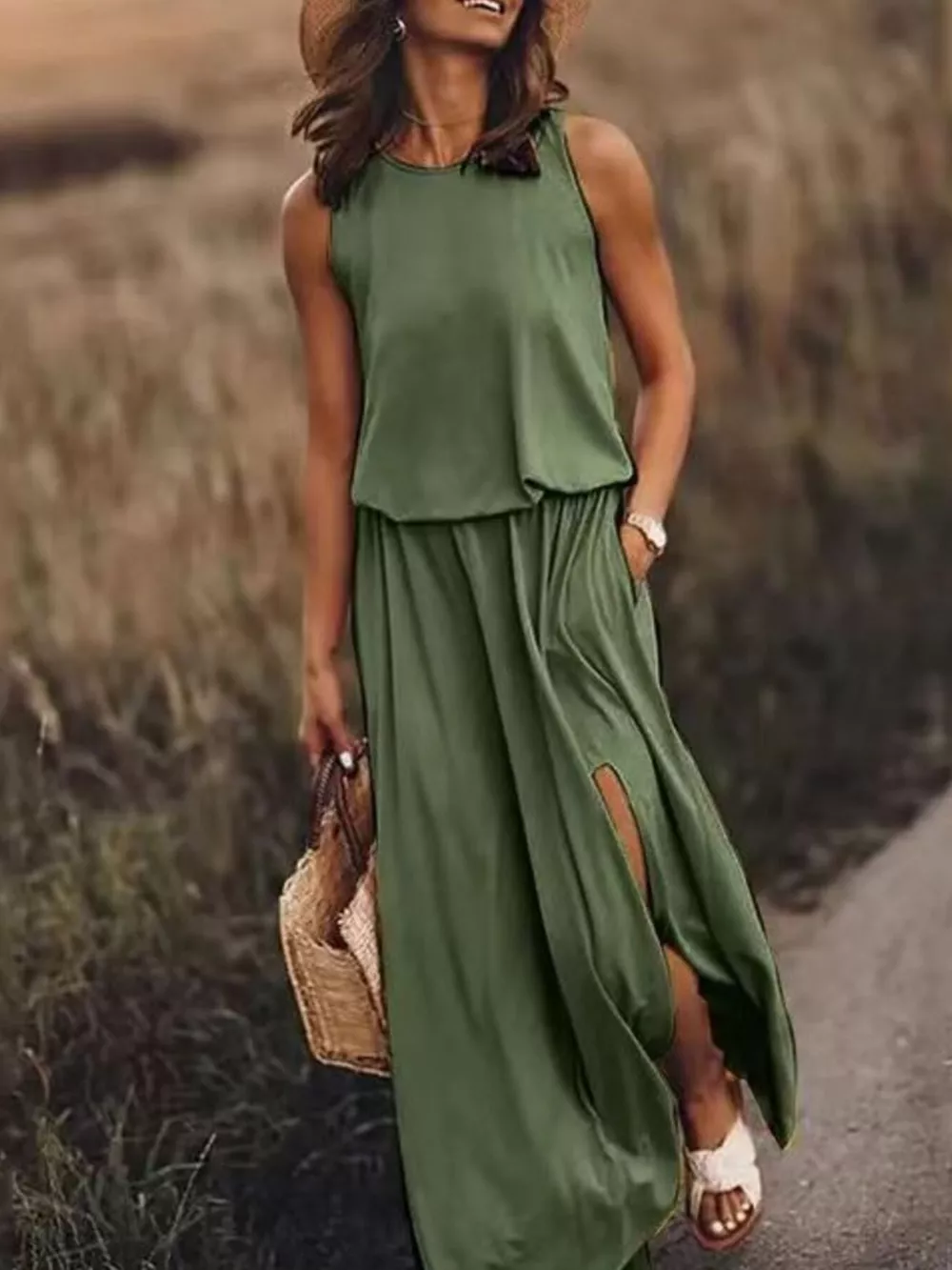 Full Size Round Neck Sleeveless Slit Maxi Dress Plus Size, image 13