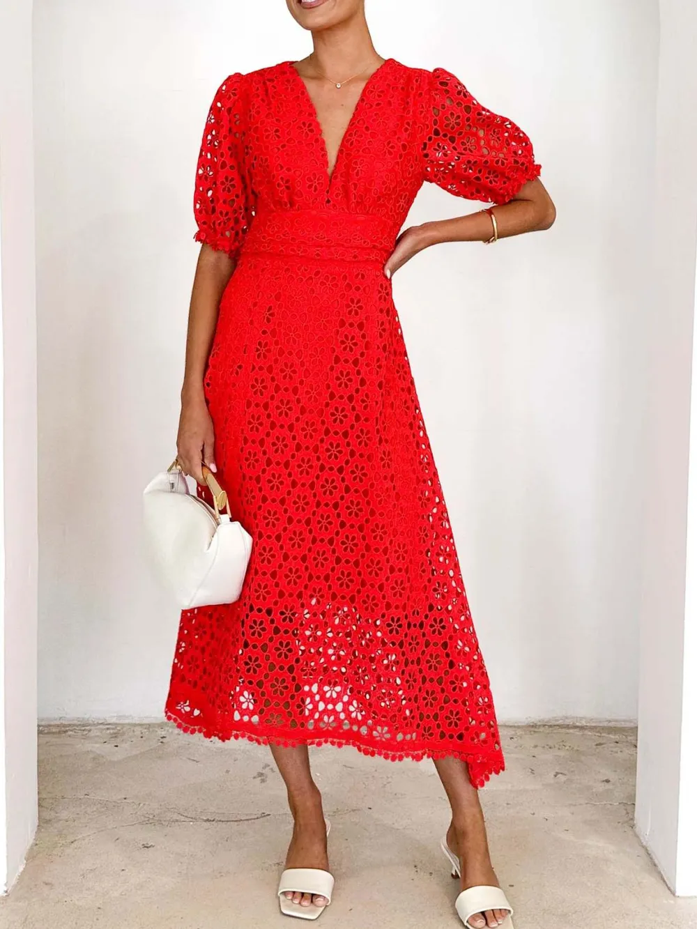 Eyelet Lace V-Neck Midi Dress with Puff Sleeves, image 8