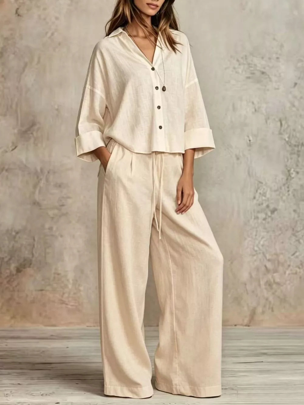 Full Size Button-Down Shirt and Wide-Leg Pants Set Plus Size