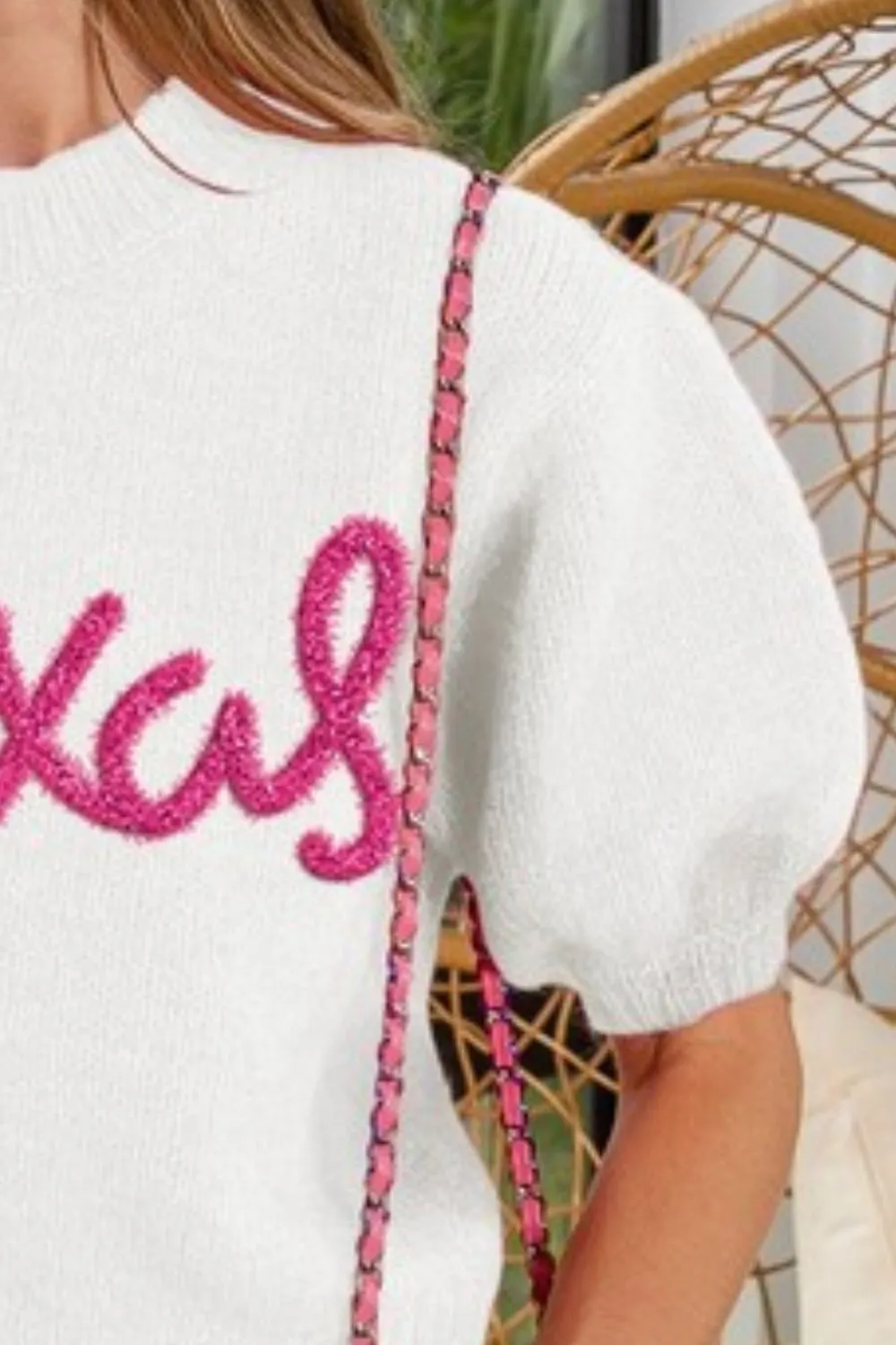 Metallic Letter Short Puff Sleeve Hairy Sweater, image 3