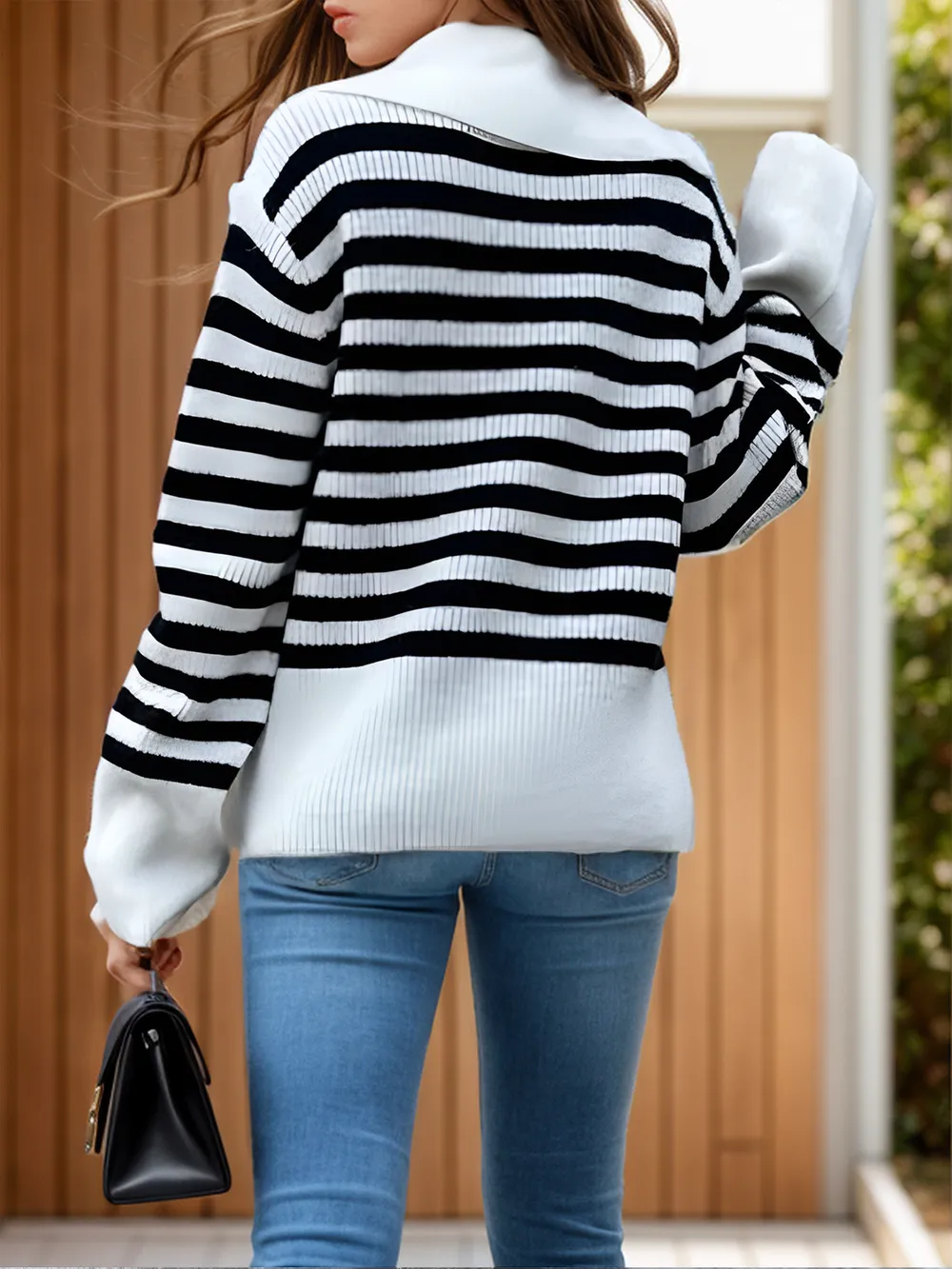 Striped Collared Neck Long Sleeve Sweater, image 3