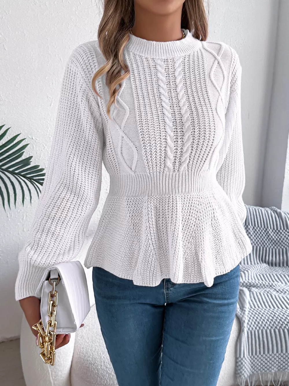 Cable Knit Round Neck Peplum Sweater, image 5
