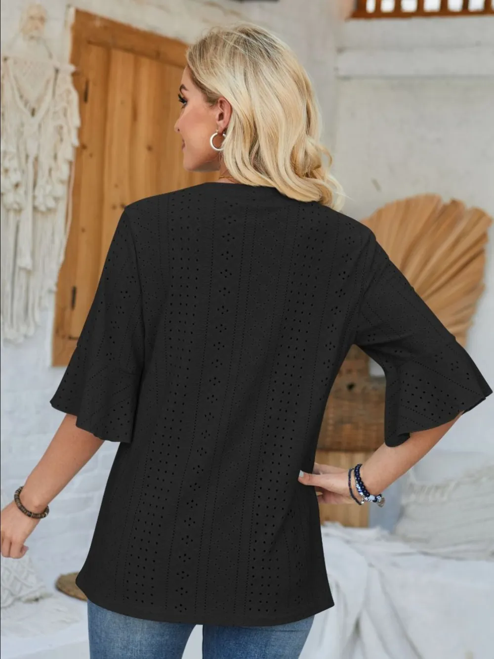 Eyelet Notched Half Sleeve T-Shirt, image 12