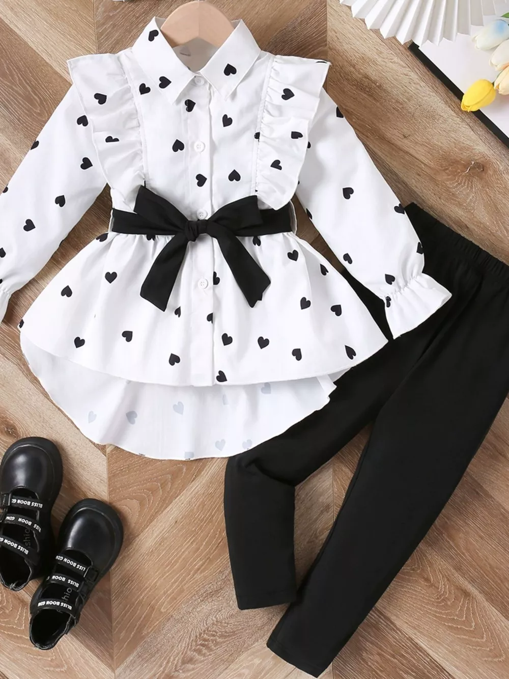 Children's Heart Print Ruffle Trim Shirt & Pants Set with Tie, image 3